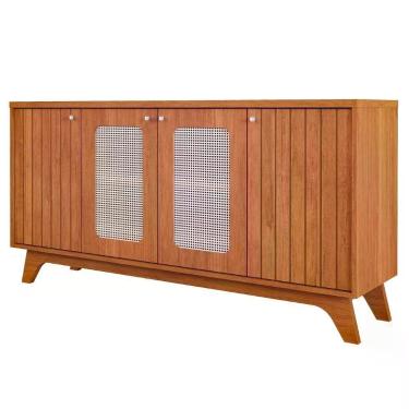 Imagem de Buffet Balcão Isa 4 Portas MDF com Aplique Palhinha e Ripado Cinamomo Milani Movelaria