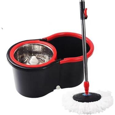 Imagem de Mop Desaguador AutomáTico GiratóRio 360° Cabo AçO Inox Cesto AçO Inox Com Balde(Inox Preta)