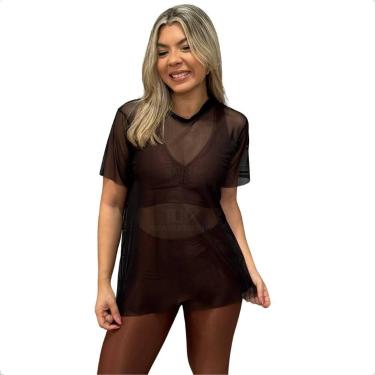 Imagem de Blusa Feminina de Tule Transparente Academia Fitness Manga Curta Lisa 