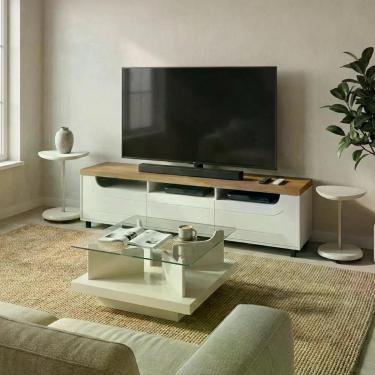 Imagem de Sala de Estar Mercury com Rack para Tv 75 Polegadas Mesa de Centro e Mesas de Apoio Pinho Off White Dkadidecor
