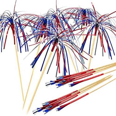 Imagem de PheiLa Palitos de fogo de artifício, pacote com 100 palitos de coquetel, 4 de julho, decoração patriótica, vermelho, branco, azul, fogo-de-artifício, palitos de cupcake, bastões de bebida, artigos de festa para dia da independência