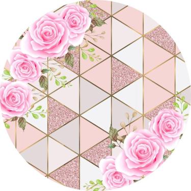 Imagem de Painel de Tecido Sublimado Redondo Flores Rosas e Fundo Formas com Gli