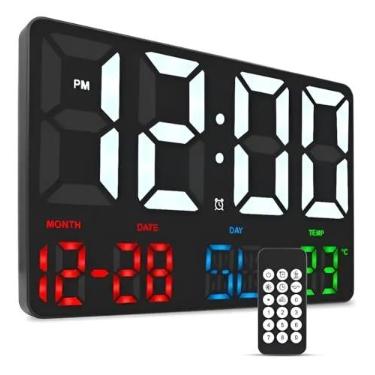 Imagem de Relógio Digital de Parede LED Vermelho com Controle Remoto Termômetro, Data, Alarme, Brilho Ajustável e Números Grandes – Bivolt
