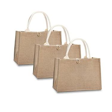 Imagem de YACEYACE Sacolas de juta para praia, 36,8 cm x 17 cm x 25,9 cm, conjunto de 3 bolsas de estopa com bolsa de juta com botões, bolsas para praia, faça você mesmo, compras, boas-vindas ao casamento