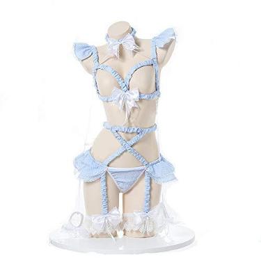 Imagem de JasmyGirls Conjunto de lingerie sexy cosplay kawaii, anime, Lolita, roupa íntima, sutiã xadrez, pijama com gargantilha e cinta-liga