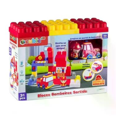 Imagem de Brinquedo de Montar Bombeiros Cubic Jr 31 Peças Blocos de Encaixes Veí