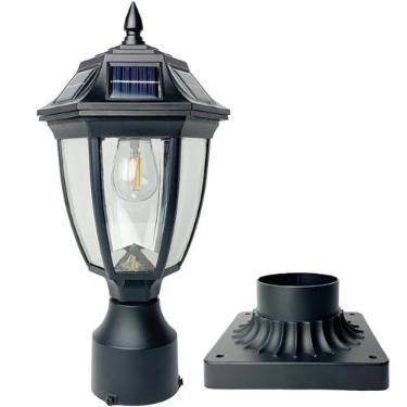 Imagem de Jalarox Luzes de poste solar, luz de poste do crepúsculo ao amanhecer com base de montagem no cais, luzes de sensor de movimento solar à prova d'água para jardim, quintal, paisagem, poste pilar