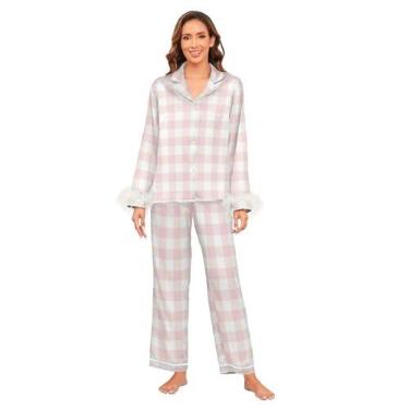 Imagem de GuoChe Conjunto de pijama feminino de cetim macio de manga comprida com punho de penas de seda, pijamas de despedida de solteira para mulheres P Tartan rosa xadrez, Xadrez de búfalo