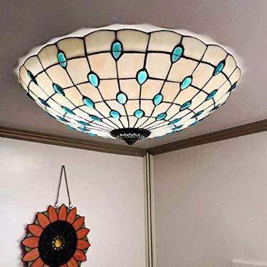 Imagem de Fiunkes Luminária De Teto Embutida Tiffany, Abajur Vidro Colorido Com Contas Cristal Azul Pavão Para Cozinha, Sala Jantar, Estar, Quarto, Lustre, Luz Pendente, Azul, 16 Pol.