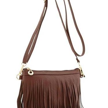 Imagem de FashionPuzzle Bolsa transversal pequena com franja com alça de pulso, Café, One Size