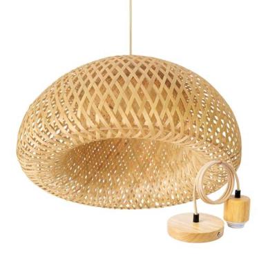 Imagem de Luminária de Teto Lustre Pendente Bambu Malibu 45 com Canopla Madeira