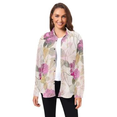 Imagem de Camisas sociais masculinas modernas de manga longa rosa rosas flores para mulheres praia com bolsos PP, Rosas, rosa, flor moderna, PP