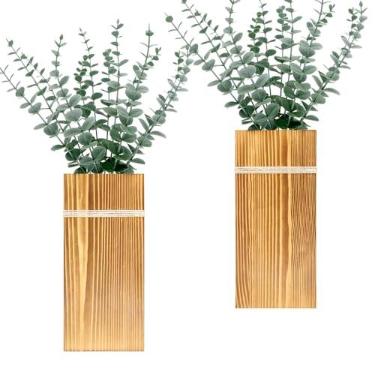 Imagem de Plantadores de parede para plantas de interior – Pacote com 2 vasos de parede de madeira para flores secas e plantas artificiais Vaso de madeira moderno para decoração de sala de estar quarto cozinha
