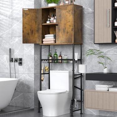 Imagem de Estante Organizadora Acima do Vaso Sanitário - Armário de Banheiro com 2 Portas, Suporte Independente Economizador de Espaço com Proteção de Privacidade, Estante de Armazenamento Resistente à Água