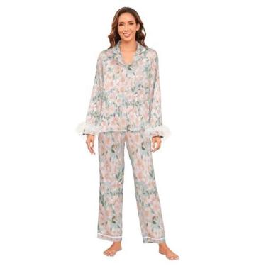 Imagem de GuoChe Conjunto de pijama feminino de cetim macio para senhoras, conjunto de pijamas femininos para festa do pijama, dama de honra, casamento, pijama, Rosa floral, P