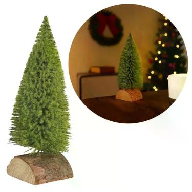 Imagem de Mini Pinheiro Decorativo de Mesa Premium Realista com Folhagens em Base de Tronco de Madeira Rústico Verde Yangzi