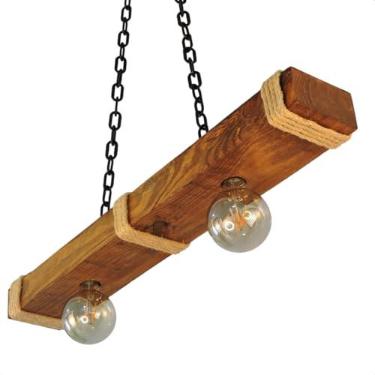 Imagem de Luminária Pendente Caibro Rústico com Corda Sisal – Bocais E27 para Sala, Quarto e Área Gourmet (Verniz Claro, Média)