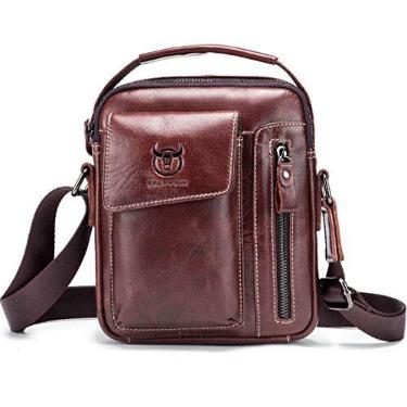 Imagem de BULLCAPTAIN Bolsa tiracolo de couro genuíno feminina masculina pequena bolsa tiracolo de ombro para homens todos os dias bolsa mensageiro de viagem casual, marrom escuro, grande