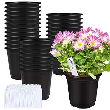 Imagem de Vasos de plástico preto para berçário, 50 unidades, 1,5 litros, 15 cm, recipientes para iniciantes de sementes com 50 etiquetas