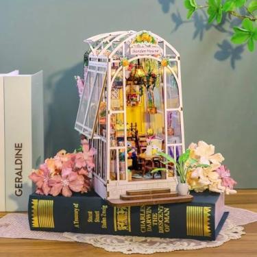 Imagem de Casa de Jardim Book Nook, Faça Você Mesmo, Kit Casa de Boneca em Miniatura com Iluminação LED, Quebra-cabeça de madeira 3D, Decoração com LED