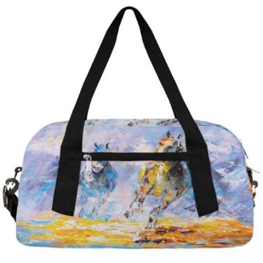 Imagem de Bolsa esportiva infantil para corrida, cavalo, esportes, bolsa de ginástica, pintura a óleo, bolsa de viagem de fim de semana, bolsa de ginástica esportiva para meninos e meninas, bolsa de viagem