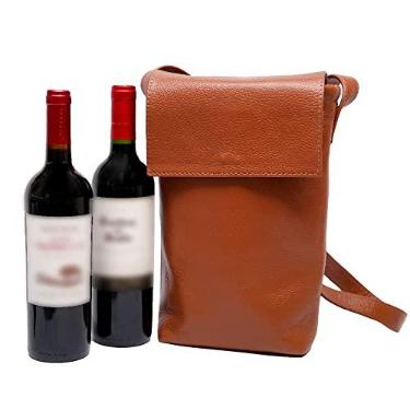 Imagem de Maleta/bolsa de Couro Legitimo Marrom Camel Para Duas Garrafas de Vinho Com Manta Termica