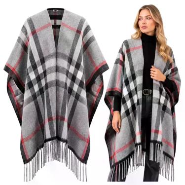 Imagem de Poncho Xadrez Unissex Premium: Capa De Inverno Elegante Com Franjas (1