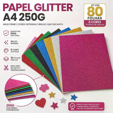 Imagem de Kit 8 Cores Papel Glitter A4 250g Azul Dourado Magenta Prata Preto Ros