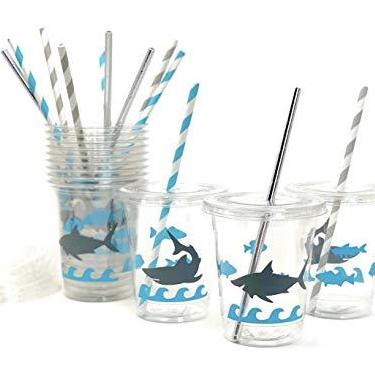 Imagem de Copos de festa de tubarão - Conjunto de 12 lembrancinhas de aniversário de piscina oceânica suprimentos de decoração