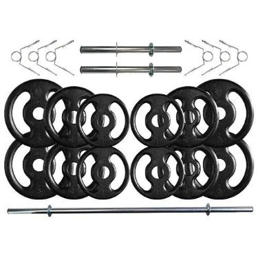 Imagem de Kit com 24 Kg de Anilhas Ferro Fundido + Barras de Supino e Halteres
