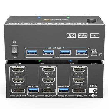 Imagem de KVM Switch 3 monitores 2 computadores 8K @60Hz/4K @144Hz, HDMI Displayport KVM Switches para 2 monitores triplos de PC e mouse teclado com adaptador de alimentação, controlador de extensão com fio e