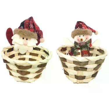 Imagem de Kit Cesto Natalino Palha de Bambu Decorado Papai Noel e Boneco de Neve