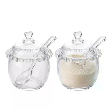 Imagem de Kit 2 Açucareiros de Cristal com Colher Detalhes Coração Porta Açúcar 