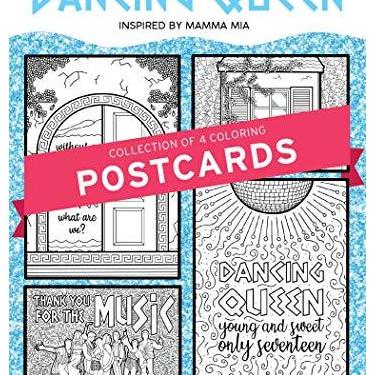 Imagem de Coloring Broadway MAMMA MIA | Coleção "Dancing Queen" | Cartões postais de colorir ilustrações desenhadas à mão - Impresso em cartolina fosca (12,7 cm x 17,8 cm) - Conjunto de 4 cartões postais individuais