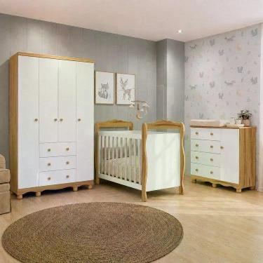 Imagem de Quarto de Bebê Completo Berço 3 em 1, Guarda-Roupa e Cômoda MDF Nina E
