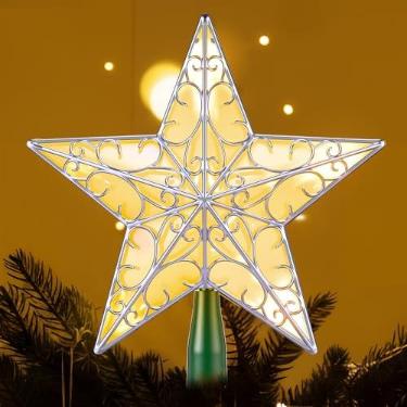 Imagem de Nuanchu Enfeite de árvore de estrela de Natal com brilho de 26 x 24 cm, enfeite de estrela de Natal com 20 luzes de LED, refletor de Natal, decorações iluminadas de topo de árvore (prata verde)