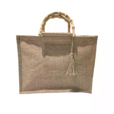 Imagem de Bolsa De Juta Palha Alça Bambu Feminina Praia Piscina Grande Bege