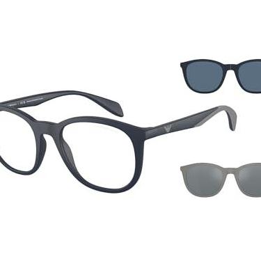 Imagem de Emporio Armani Armação masculina EA4211 com dois clipes de sol intercambiáveis redondos, Azul fosco/transparente, 53 mm