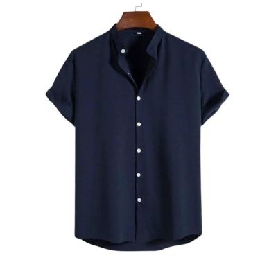 Imagem de Camisa Social Masculina Gola Padre Manga Curta Aspecto Linho - Mitchel