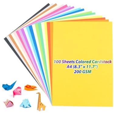 Imagem de Papel de cartolina GSM 200, 21 x 29 cm colorido A4 100 folhas, 20 cores sortidas, papel de cartão multicolorido, para artesanato, faça você mesmo, origami, impressão de scrapbooks