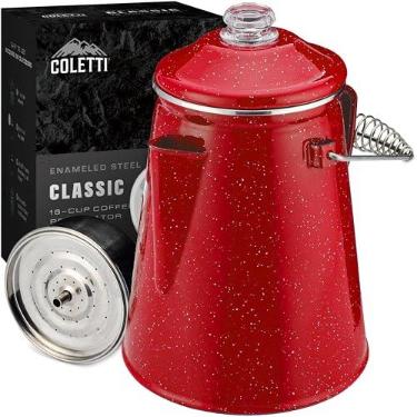 Imagem de COLETTI Cafeteira clássica — cafeteira para acampamento, panela de fogueira — acampamento para grupos — preparada para todo o acampamento (vermelho, 18 xícaras)