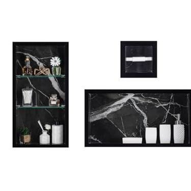 Imagem de Nicho Em Porcelanato Para Banheiro - kit com 3 peças (Preto Marmorizado)