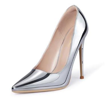 Imagem de Scarpin feminino GENSHUO 12 cm com Bico Fino Fechado, Salto Alto Agulha, Fácil de Calçar, Prata, 35