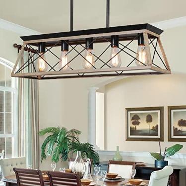 Imagem de XIPUDA Lustres de fazenda para sala de jantar, luminária rústica da ilha da cozinha, lustre retangular com 5 luzes, lustre retangular com pingente linear de metal, luzes de teto sólidas