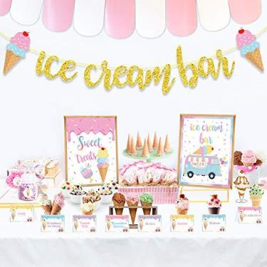 Imagem de Kit de decoração de barra de sorvete, barra de sudae de sorvete, faixa com glitter, placa de mesa de sorvete, etiquetas de alimentos, barracas, adesivo de etiqueta de copo para tema de sorvete, chá de