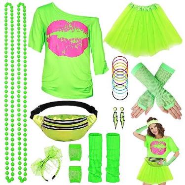 Imagem de WILDPARTY Acessórios de fantasia dos anos 80 para mulheres, camiseta tutu pochete faixa de cabeça brinco colar luvas arrastão polainas, Verde, G