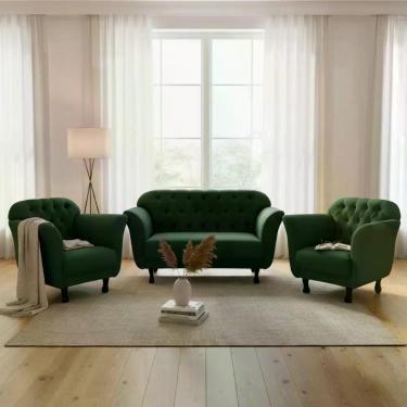 Imagem de Kit Namoradeira + 2 Poltronas Decorativa Dália Suede Verde Pés Madeira