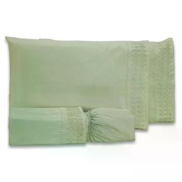 Imagem de Jogo De Cama Lençol King Harmony Bordado Geométrico Percal 300 Fios Com Fronhas 04 Peças - Toque Acetinado Cor Verde