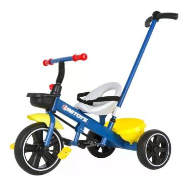 Imagem de Triciclo Infantil com Empurrador Pedal Apoio para os Pés Azul com Amarelo Unitoys com Cestinha Frontal e Traseira