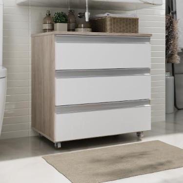 Imagem de Gabinete Banheiro JOIA 60cm Rodinhas Puxador Aluminio Madeirado/Branco